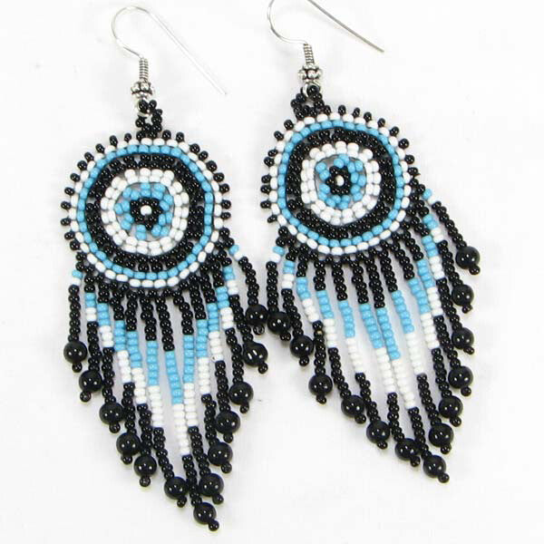 Handmade Beaded Turquoise Blue Black Seed Bead Big Earrings
