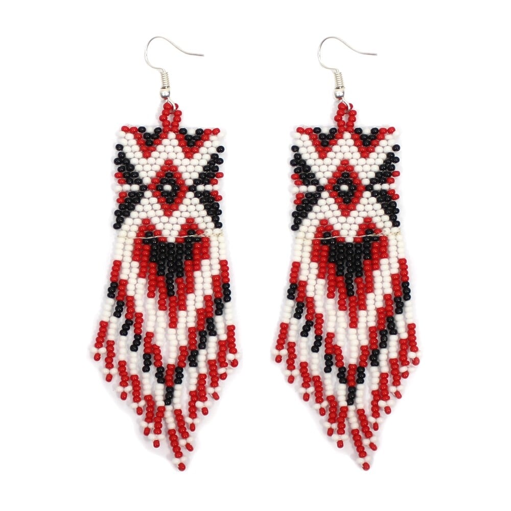 Handmade Beaded Red Black Long Earrings
