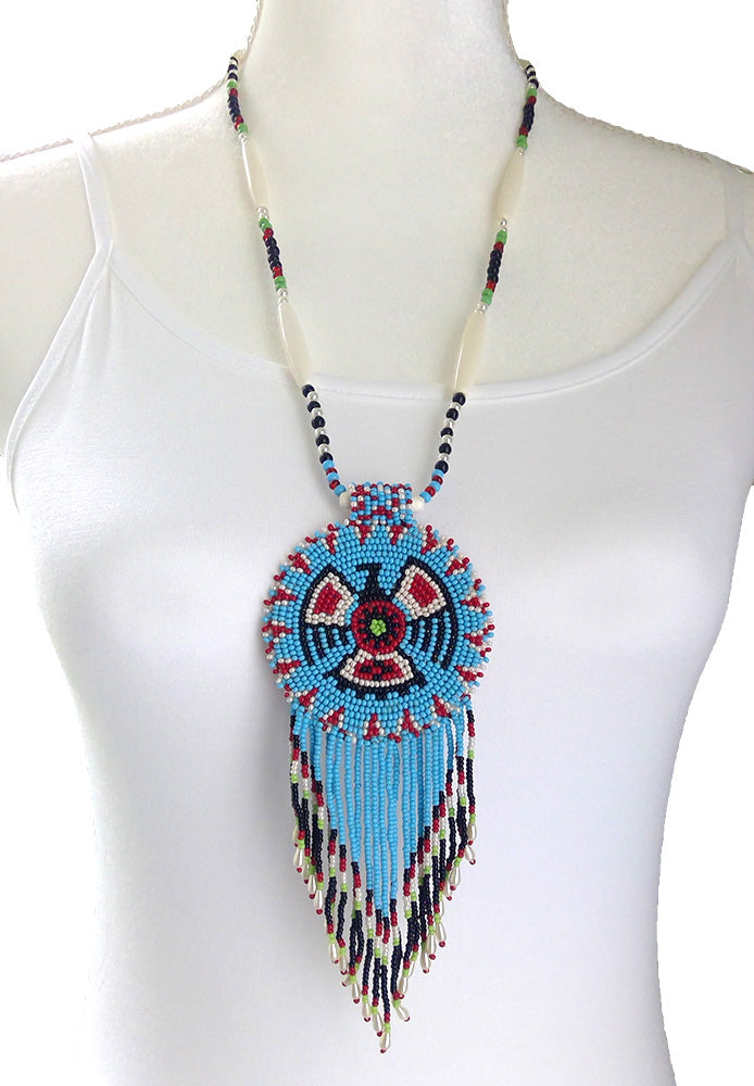 Turquoise Seed Beads Long Medallion Eagle Beaded Necklace Earrings Set