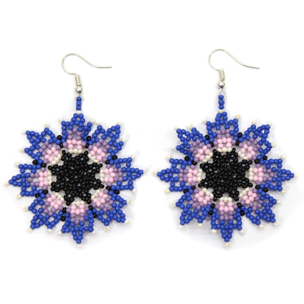 Handmade Beaded Native Style Deep Blue Bohemian Flower Hook Earrings