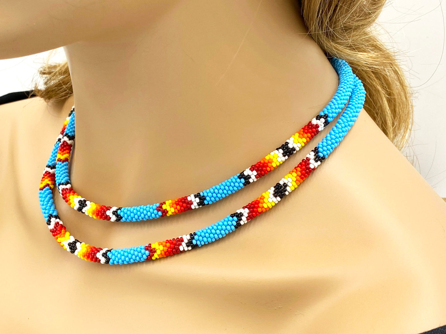 Native American Style Beaded Double Strand Rope Necklace - Cyan Blue Fire