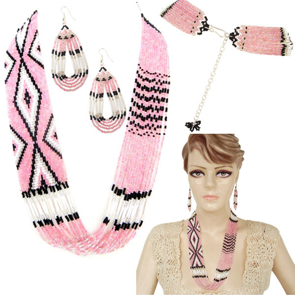 Handmade Beaded Pink Geometric Layered Necklace Earrings Set