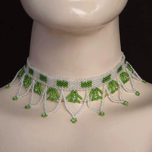 Handmade White Green Art Beaded Choker Necklace Earrings