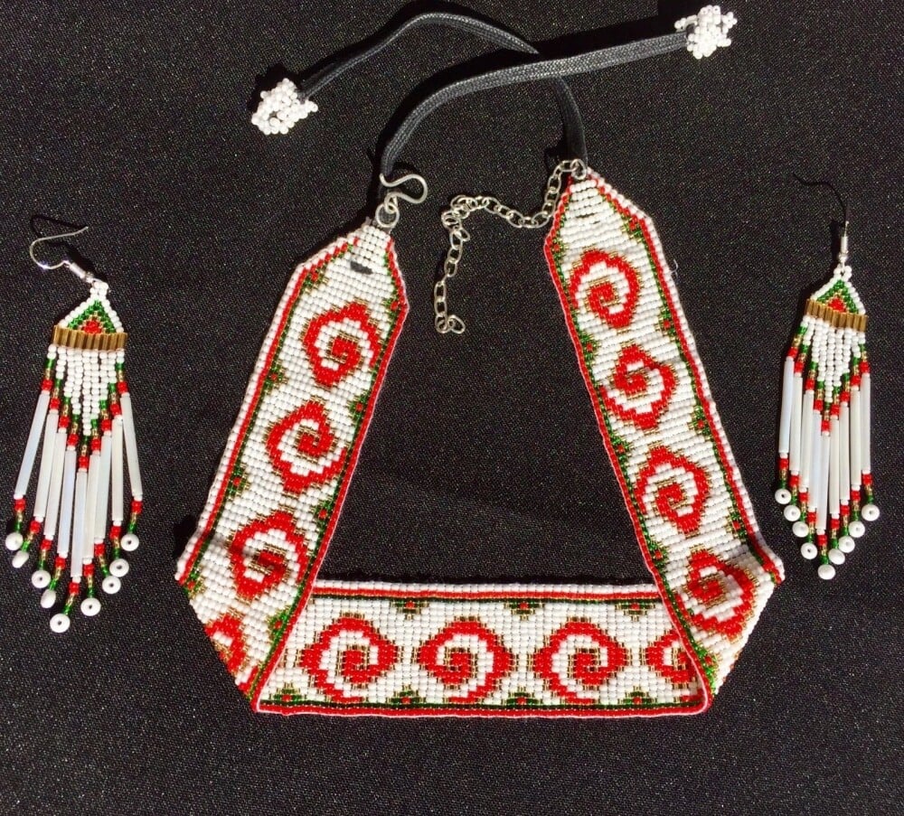 Handmade Native Inspired White Red Choker Necklace Earrings Set