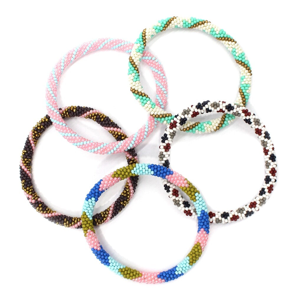 Handmade Pink Blue Cream Seed Beaded Crochet Bracelet
