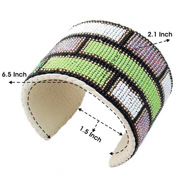 Purple Green White Golden Geometric Beadwork Mens Cuff Bracelet - Handmade Adjustable Leather Strap