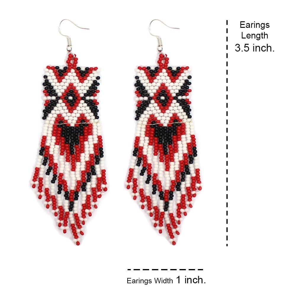 Handmade Beaded Red Black Long Earrings