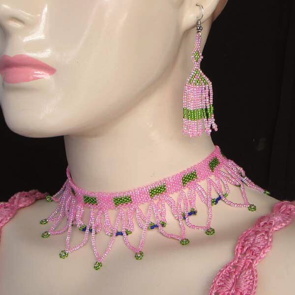 Pink Green Egyptian Art Beaded Choker Necklace Earrings