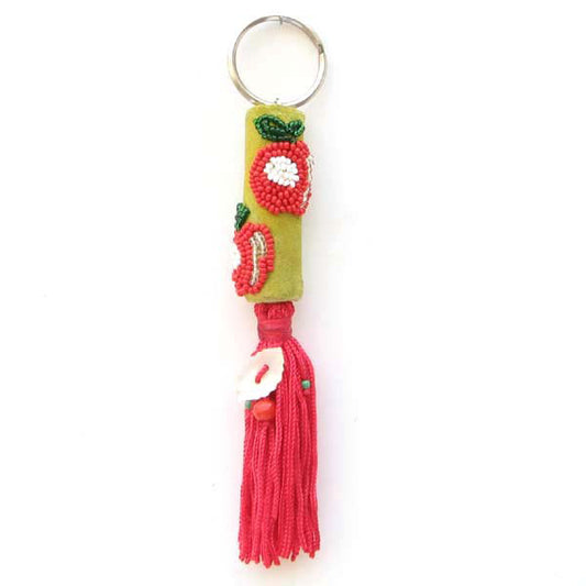 Apple Beadwork Red White Seed Beaded Key Ring Charm Leather
