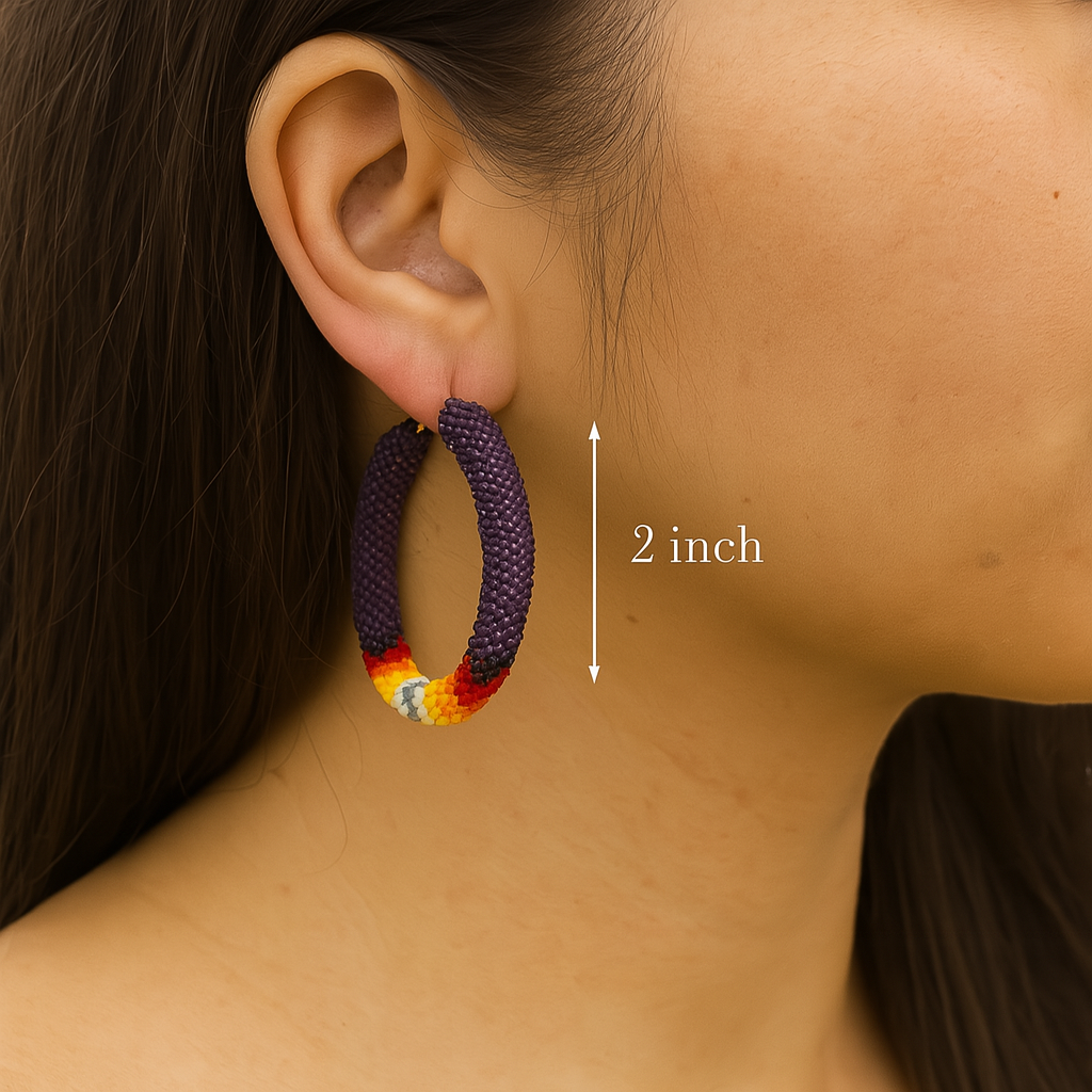 Handmade beaded Purple Multicolor Native-Style Hoop Earrings 2”