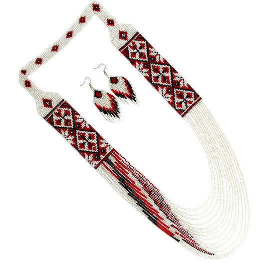 Handmade Beaded Necklace and Earring Set – Red, White & Black Tribal Pattern