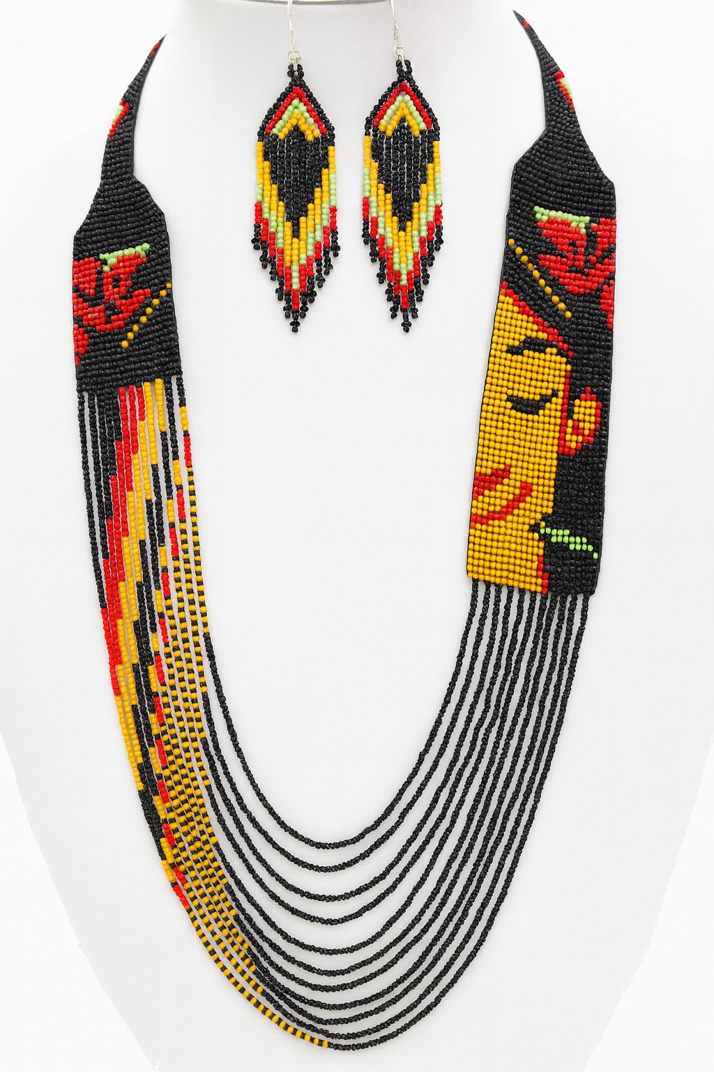 Handmade Beaded Necklace, Earrings Set – Orange Black Frida inspired