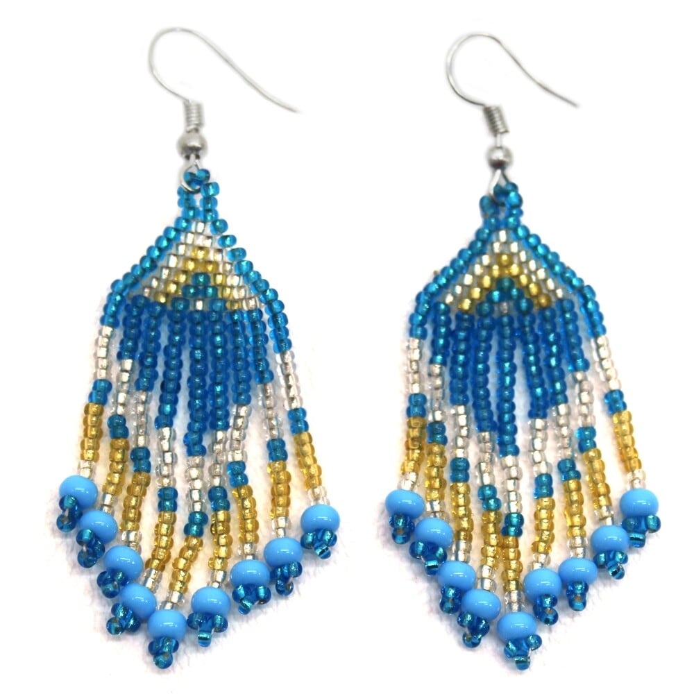 Handmade Beaded Turquoise Blue Gold Native Style Bib Necklace Earring Set