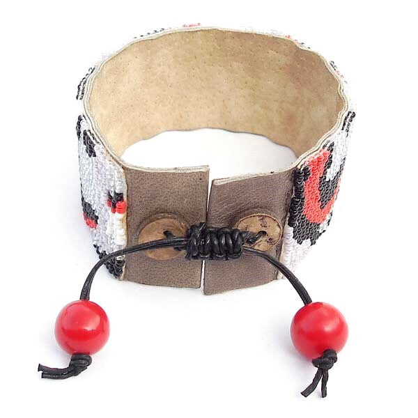 Handmade Grey Red Seed Beads Soft Cuff Bracelet Leather Bracelet