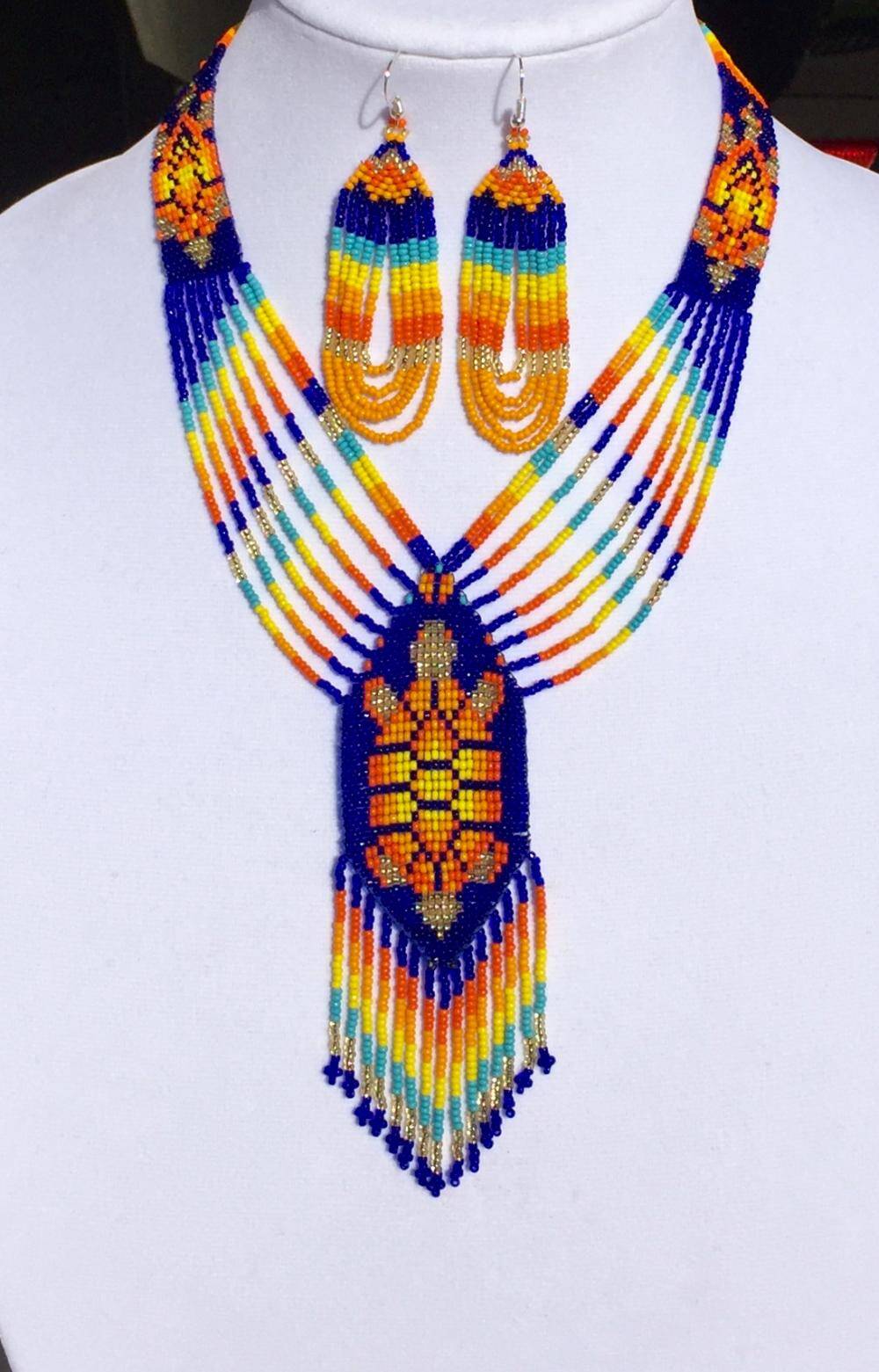 Vibrant Orange Turtle Beaded Lariat Necklace and Earrings Set