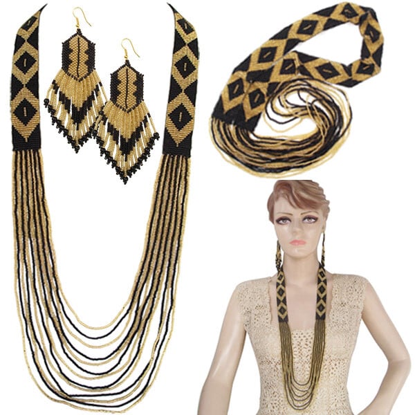 Handmade Beaded Gold Black Layered Necklace Earrings Set