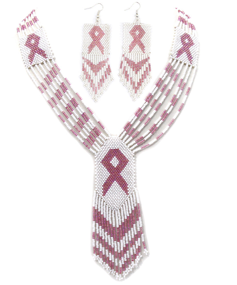 Handmade Pink Ribbon Breast Cancer Awareness Necklace Earrings Set