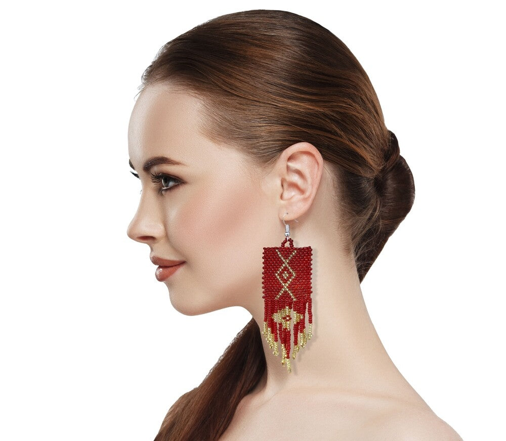 Red Gold Seed Beads Beaded Native Style Earrings
