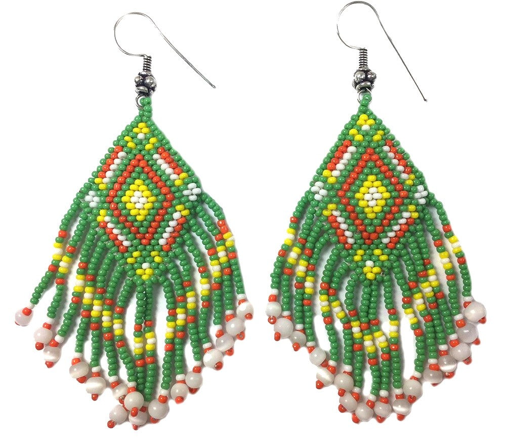 Vibrant Green & Multicolor Beaded Fringe Earrings