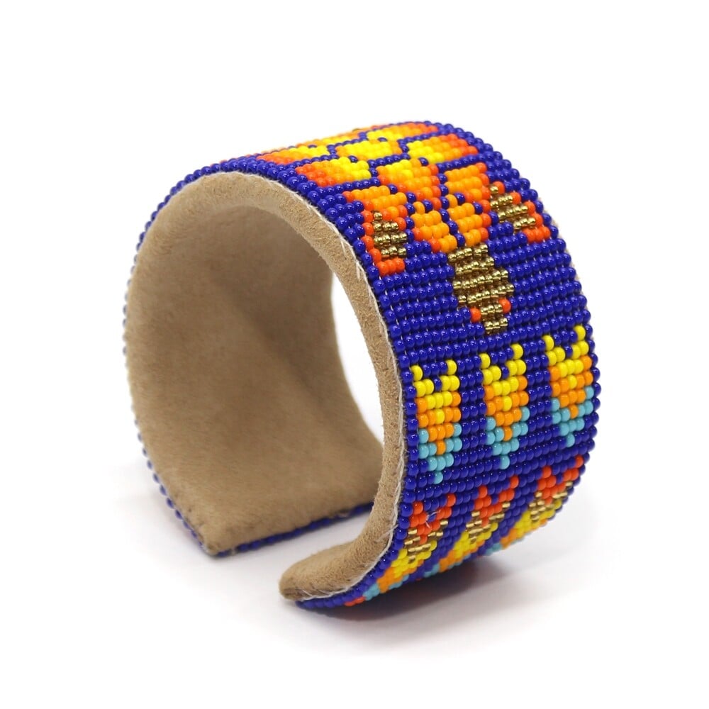 Blue Orange Turtle pattern Seed Bead Bracelet - Handmade Adjustable Cuff Wide Leather