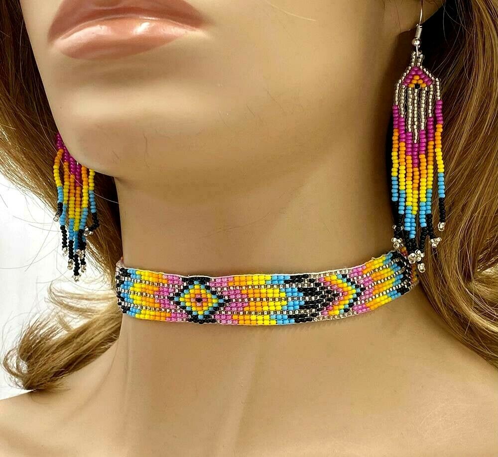 Vibrant Pink, Orange & Yellow Beaded Choker Necklace & Earrings Set