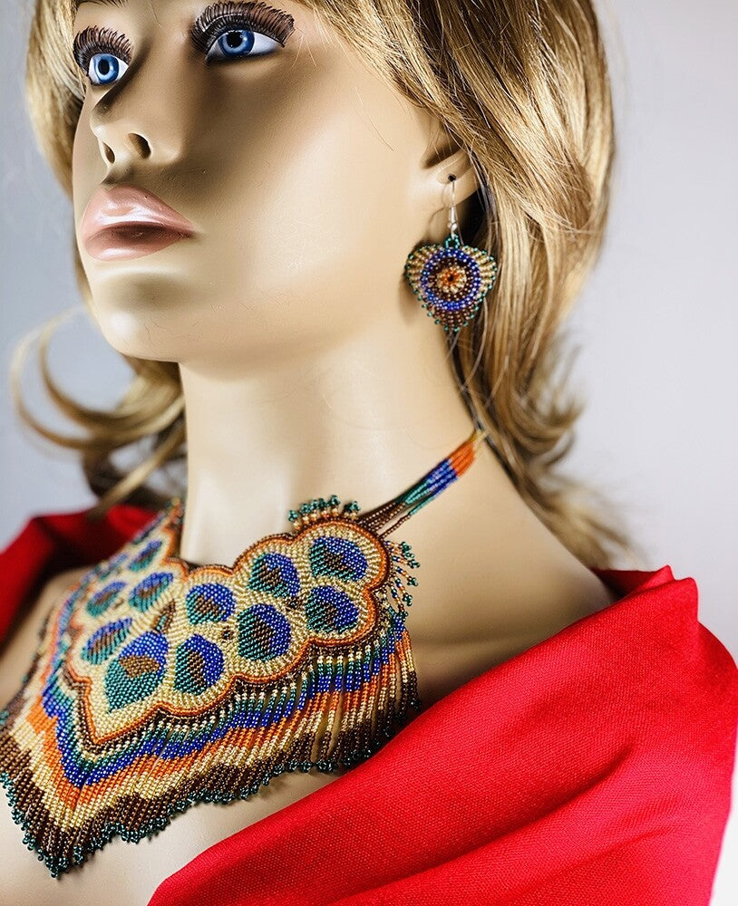 Handmade Peacock Feather Pattern Bib Necklace Earrings Set
