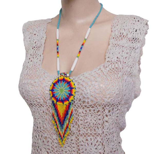 Yellow Blue Seed Beaded Star Necklace Earrings