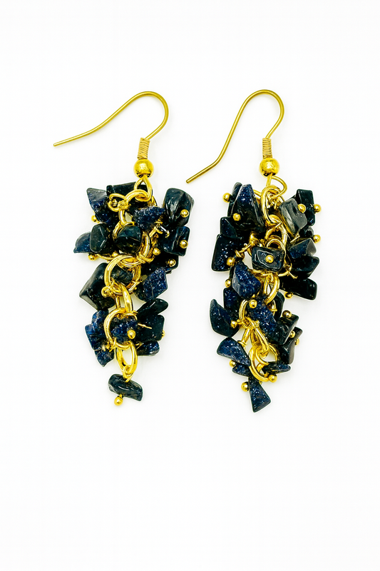 Blue Goldstone Gemstone Dangle Earrings – Handmade with Gold Accents