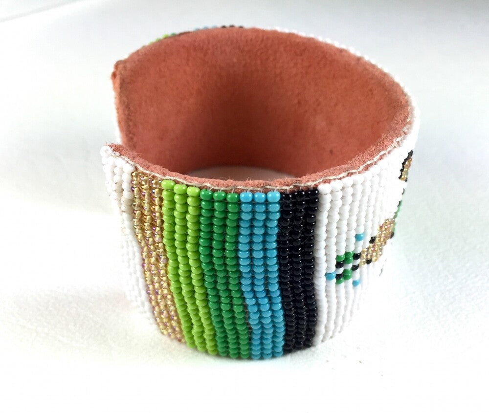 Handmade Beaded White Green Turtle Pattern Leather Hard Cuff Bracelet