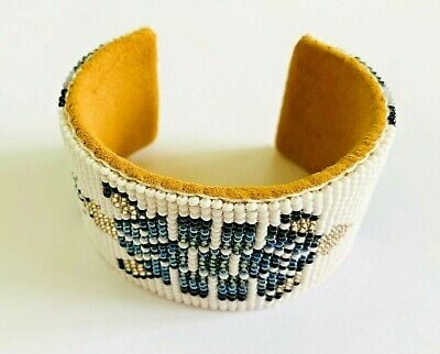 NATIVE STYLE HANDMADE GRAY WHITE TURTLE BEADED CUFF LEATHER BRACELET