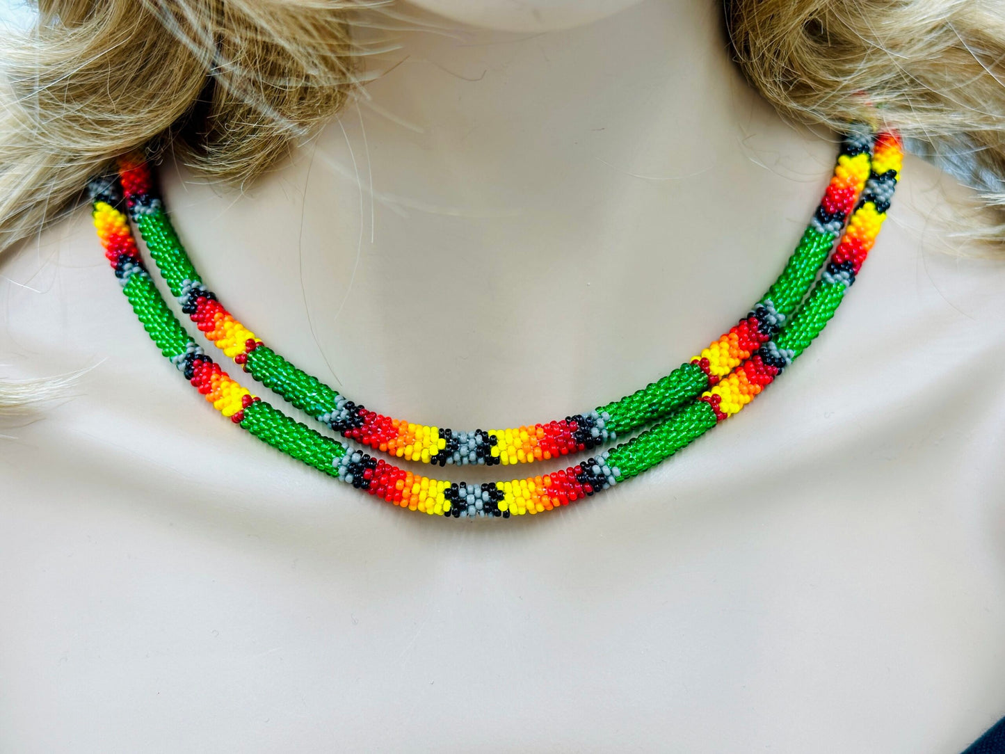 Handmade Beaded Green Rope double layered necklace
