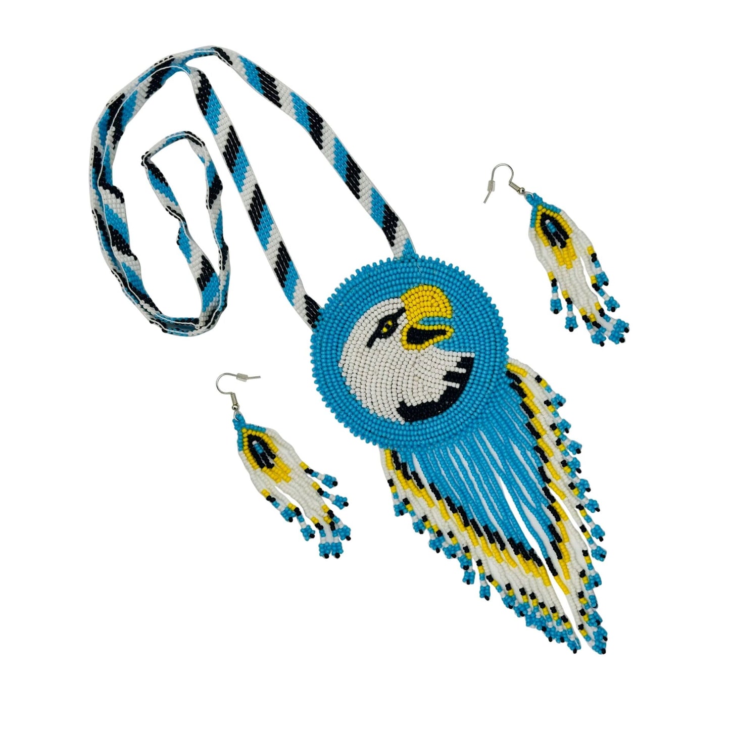 Handmade Beaded Necklace Earrings Set with 2-3 Inch Rosette Pendant - Bald Eagle