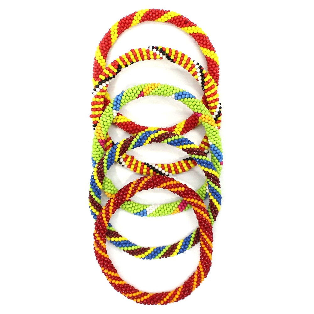 Handmade Red Yellow Green Seed Beaded Crochet Bracelet