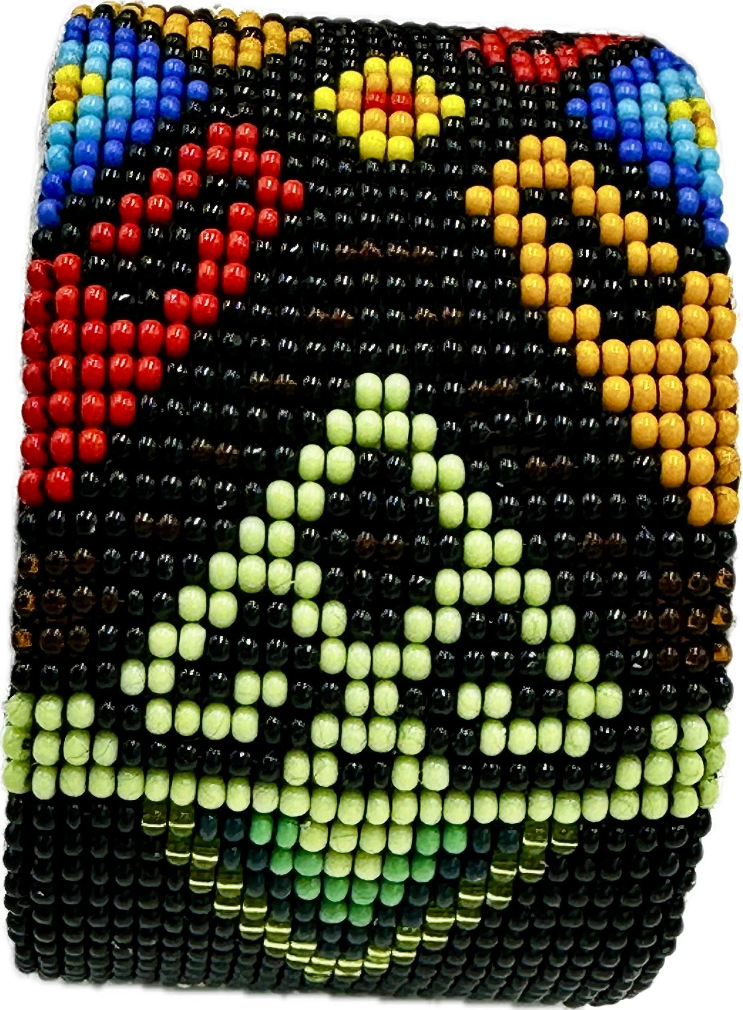 Handmade beaded Black Green Hard leather Cuff Bracelet