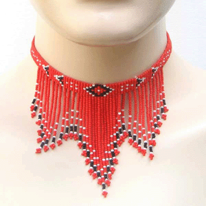 Vibrant Red Black Beaded Fringe Choker Necklace