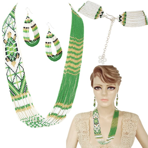 Handmade Beaded Green Gold Turtle Layered Necklace Earrings Set - Native Inspired Jewelry