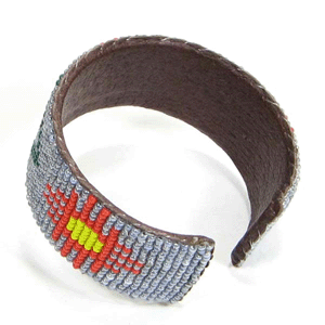 Handmade Seed Beaded Grey Leather Hard Cuff Bracelet