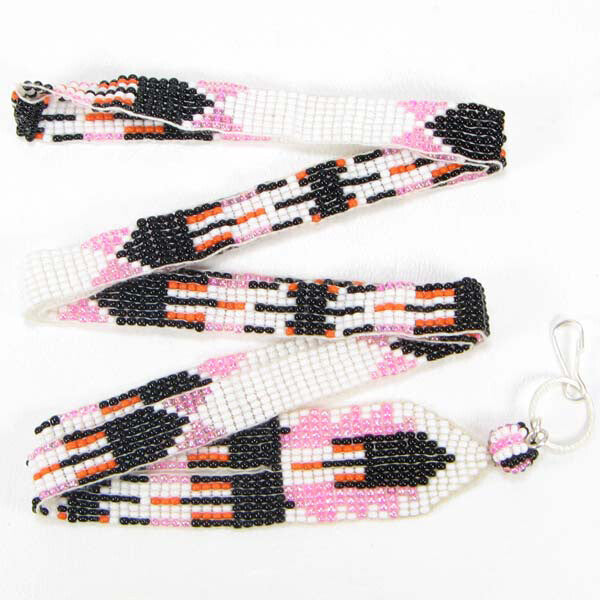 Pink White Black Beaded Feather Beadwork Lanyard Id Holder Handmade