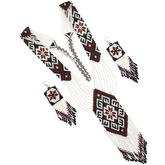 New Handmade White Brown Long Necklace Earring Set