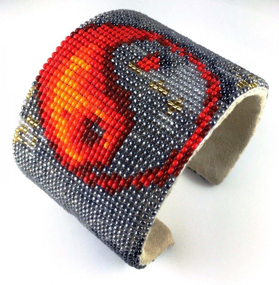Handmade Beaded Yin Yang Bracelet Hard Cuff 2 Inch Wide Leather