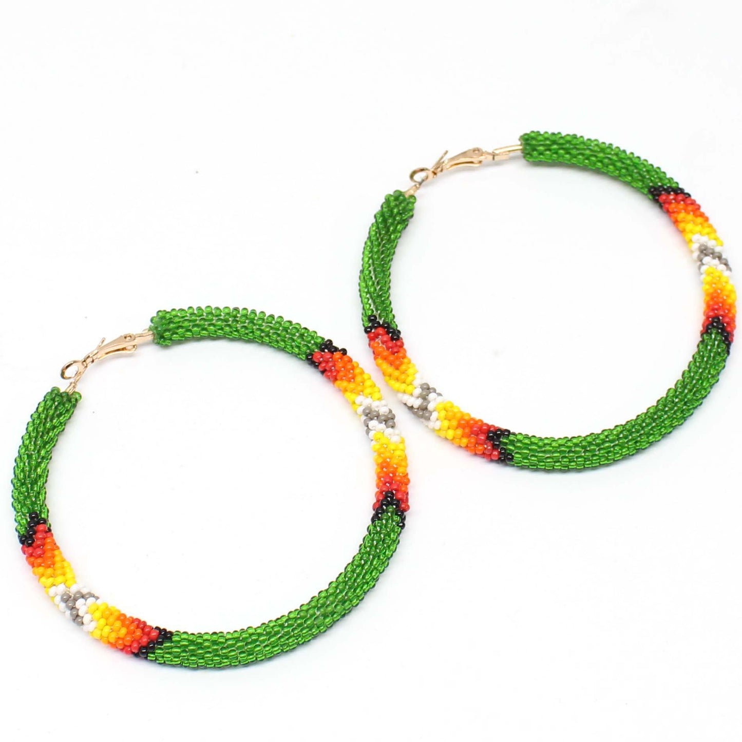 Handmade beaded Green 3 inch Native style hoop earrings