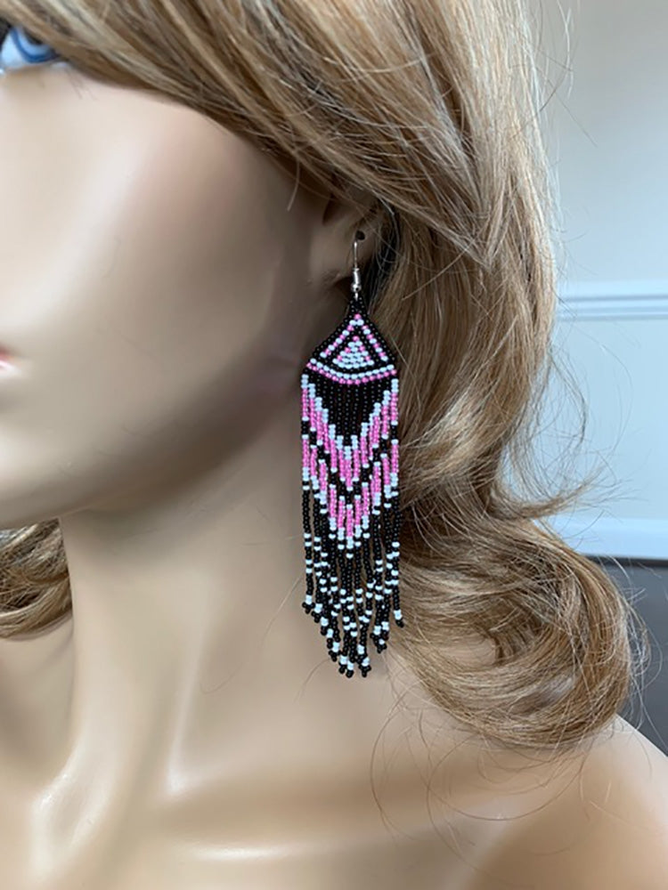Handmade Beaded Black Pink Long Earrings
