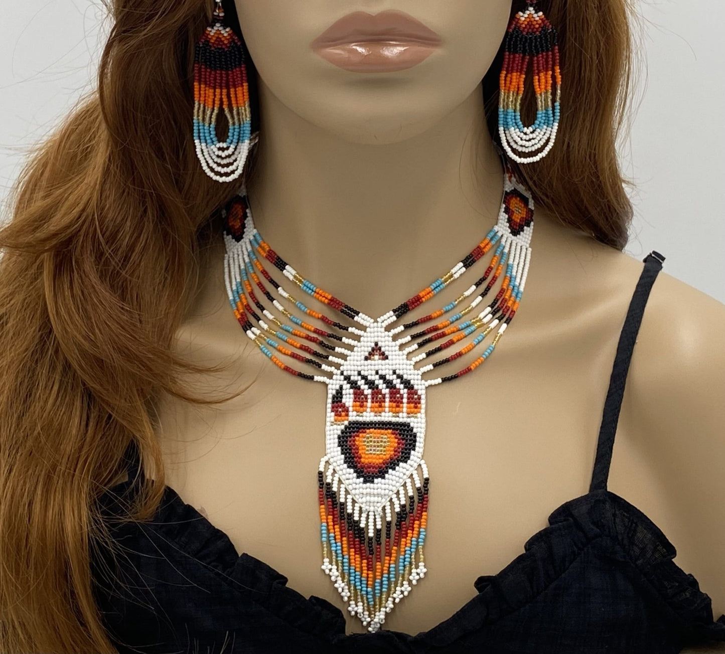 Handmade Beaded Red Bear Paw Statement Necklace Earrings Set