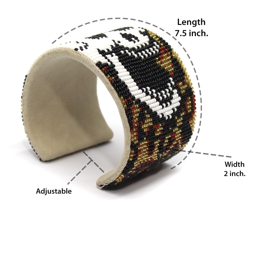 Skull Pattern Adjustable Handmade Beaded Bracelet - Wide Leather Cuff