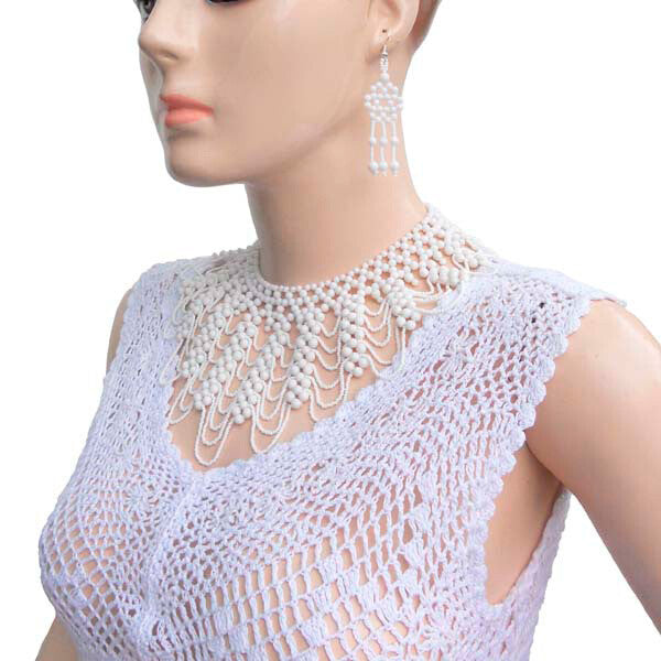 White Beaded Grand Victorian Bib Necklace Earrings Set