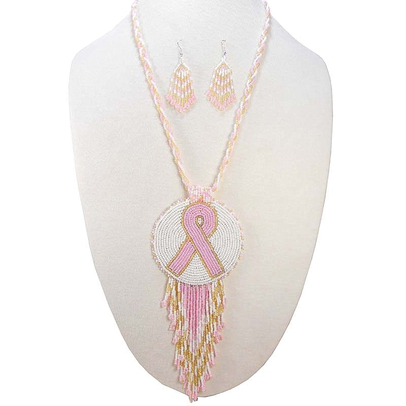 Pink Ribbon Handmade Breast Cancer Awareness Beaded Necklace Earrings Set