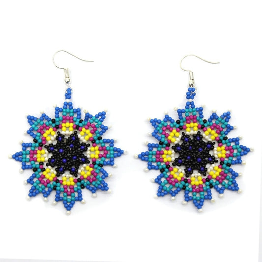 Handmade Beaded Deep Blue Artisan Bohemian Flower Hook Earrings