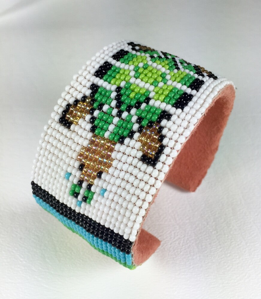 Handmade Beaded White Green Turtle Pattern Leather Hard Cuff Bracelet