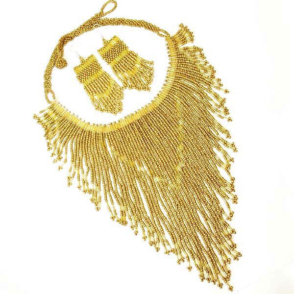 Handmade Beaded Matte Gold Color Bugle Seed Bead Bib Necklace