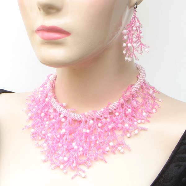 Pink White Russian Frost Seed Beaded Bib Necklace Earrings Set